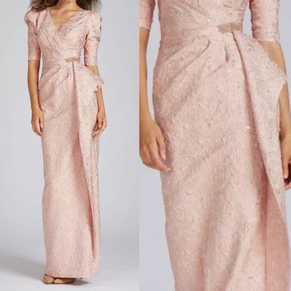NWT Teri Jon 229041 Blush Peplum Stretch Metallic Jacquard Gown with Beads